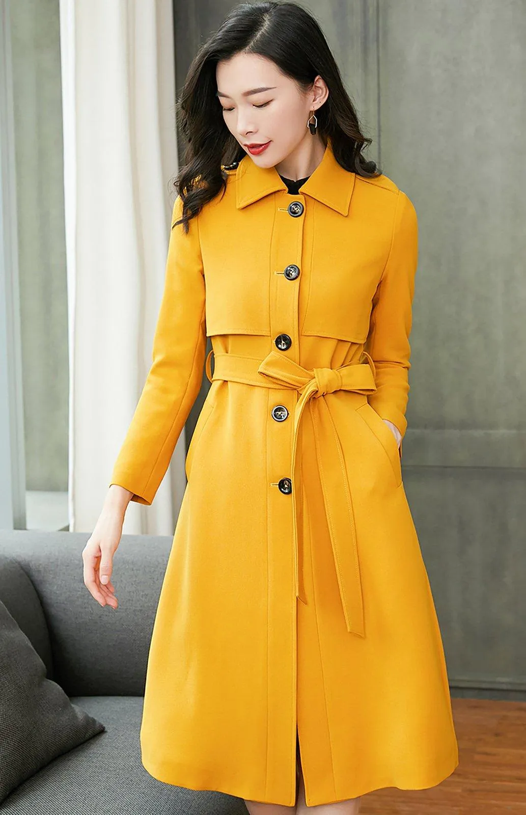 Custom Single Breasted Button Yellow Trench Coat