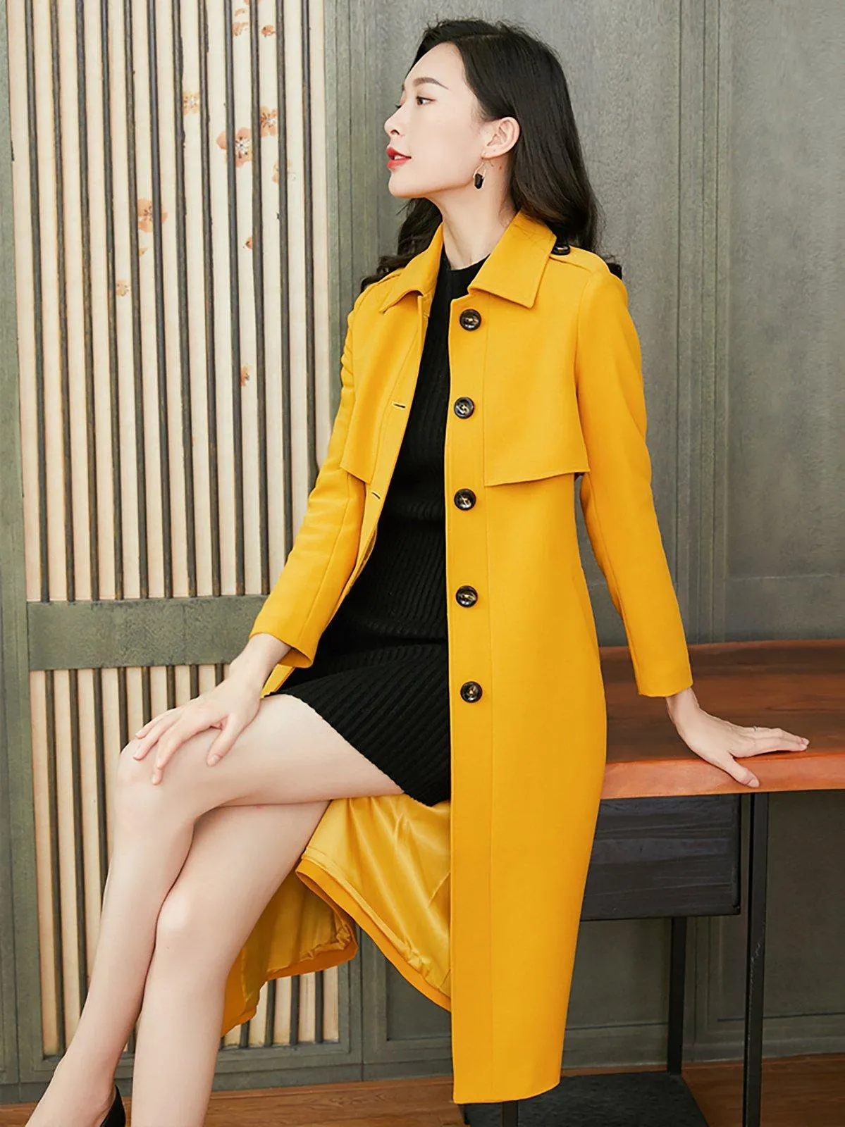 Custom Single Breasted Button Yellow Trench Coat