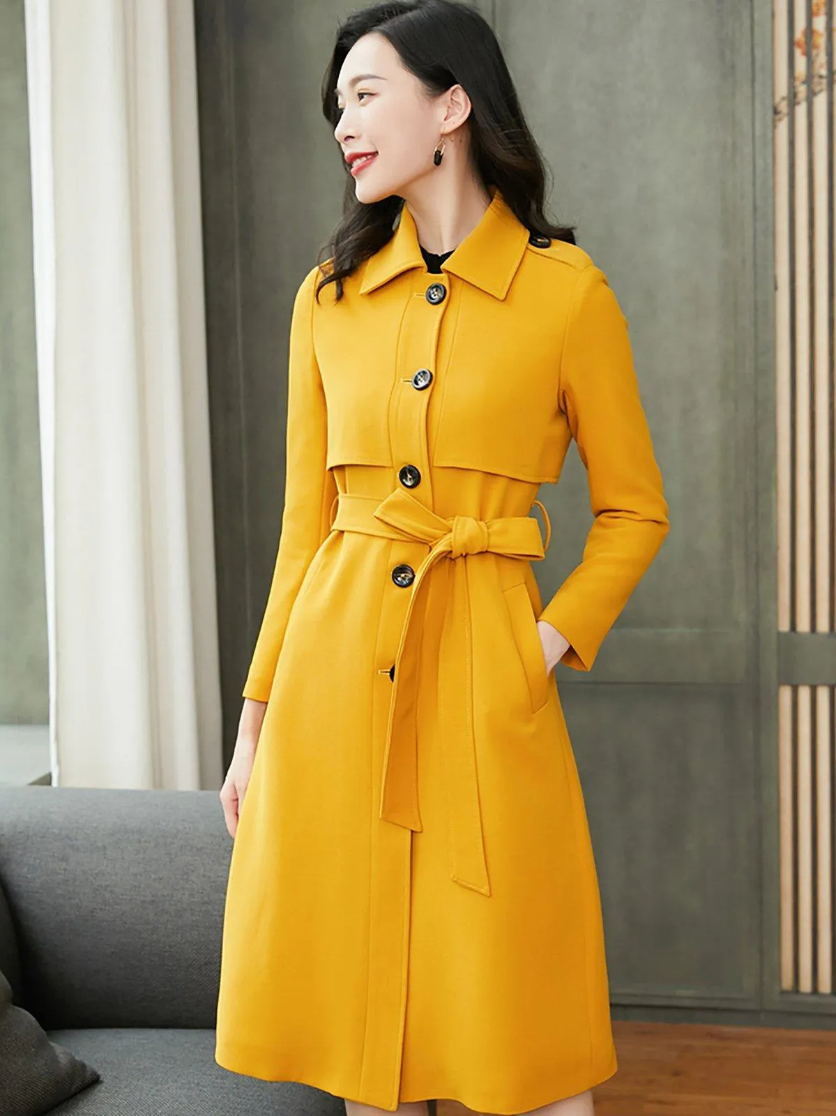 Custom Single Breasted Button Yellow Trench Coat