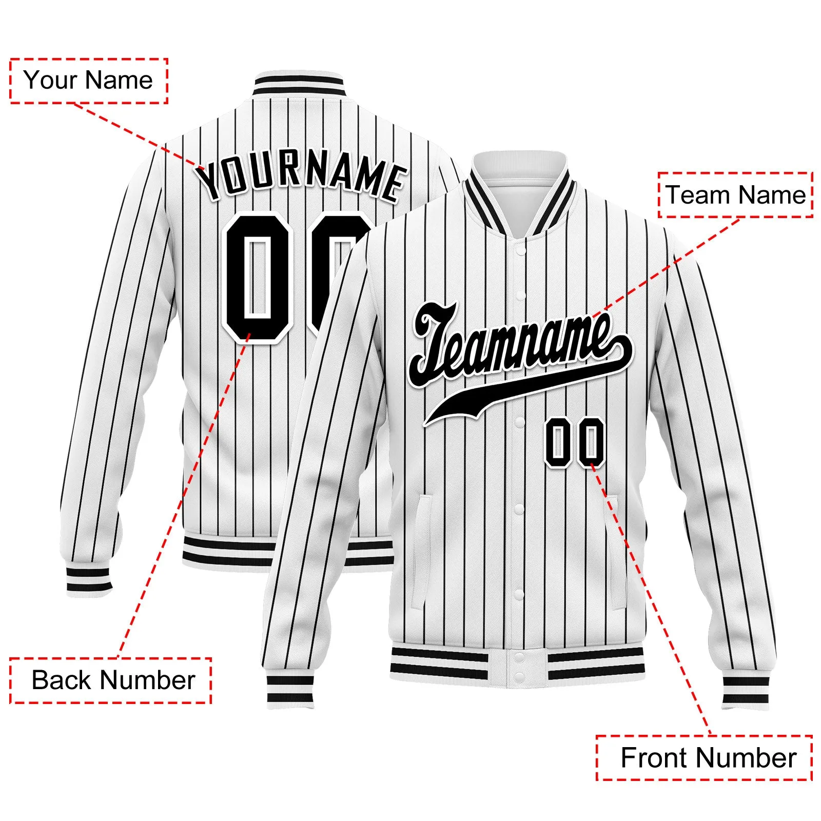 Custom White Black Stripe Fashion Jacket Bomber Full-Snap Varsity Letterman Personalized Jacket FZ005-D020219-20