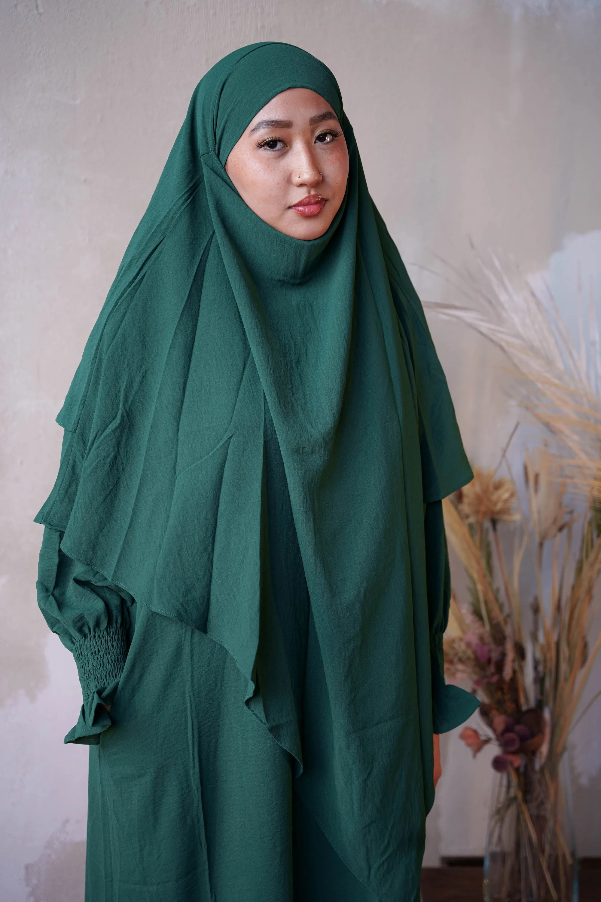 Dark Green Ruched Cuff Bell Sleeves Abaya Maxi Dress