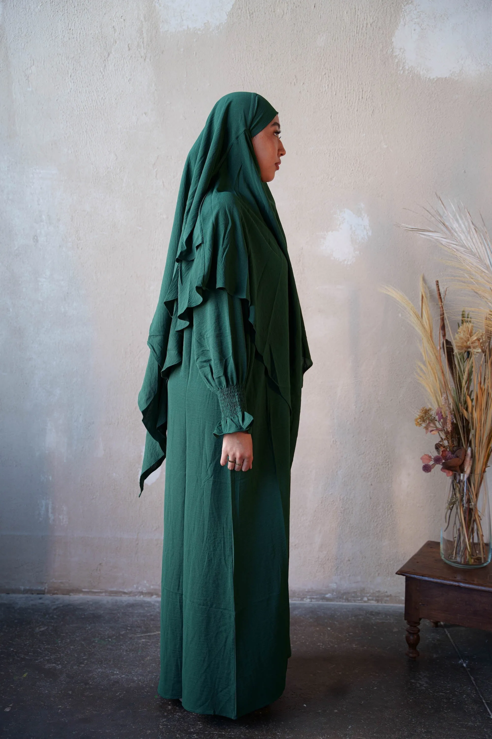 Dark Green Ruched Cuff Bell Sleeves Abaya Maxi Dress