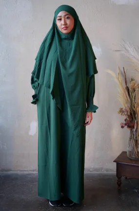 Dark Green Ruched Cuff Bell Sleeves Abaya Maxi Dress