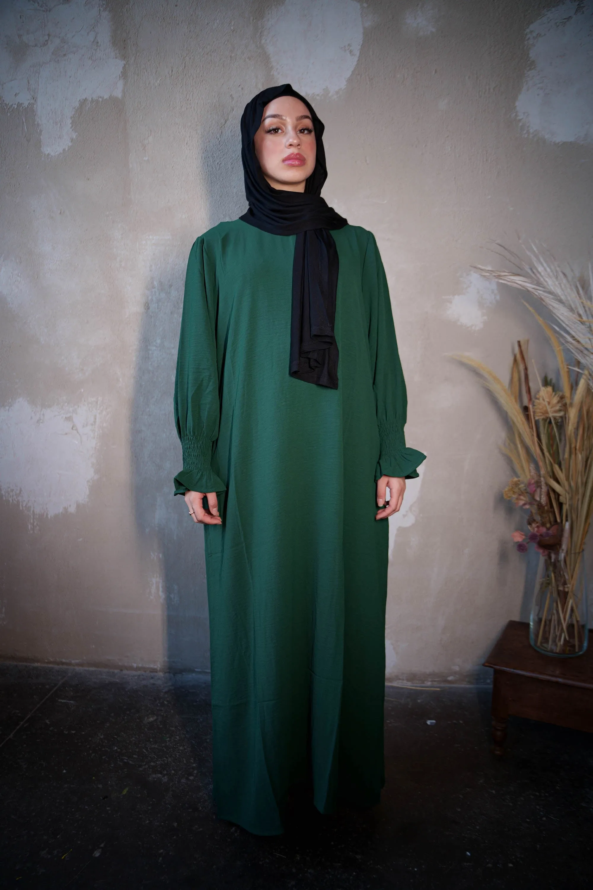 Dark Green Ruched Cuff Bell Sleeves Abaya Maxi Dress