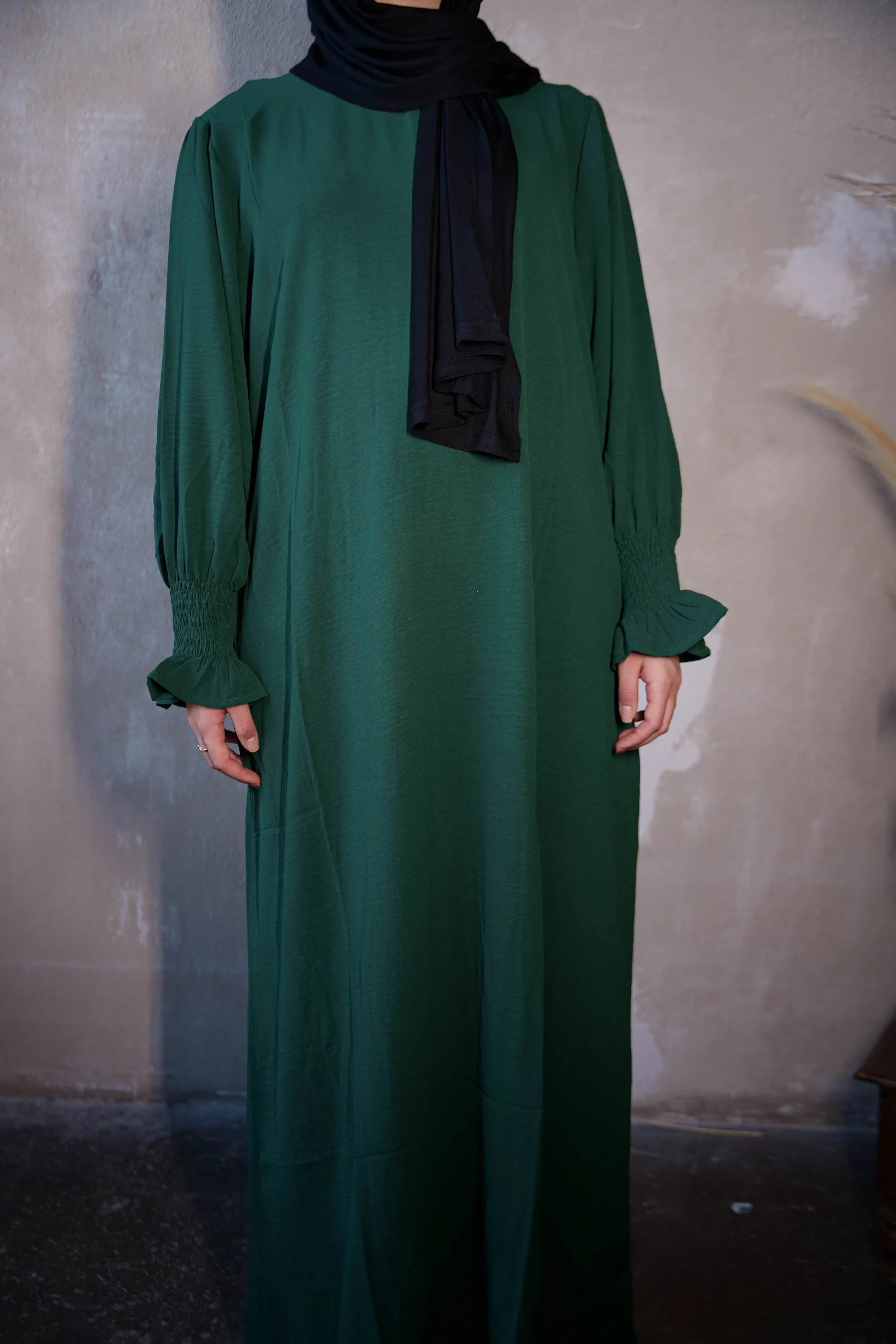 Dark Green Ruched Cuff Bell Sleeves Abaya Maxi Dress