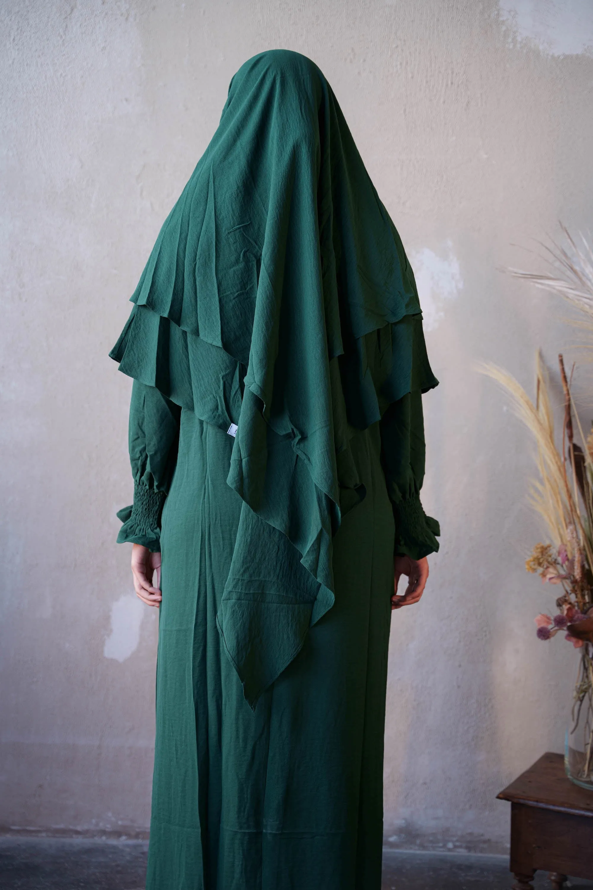 Dark Green Ruched Cuff Bell Sleeves Abaya Maxi Dress