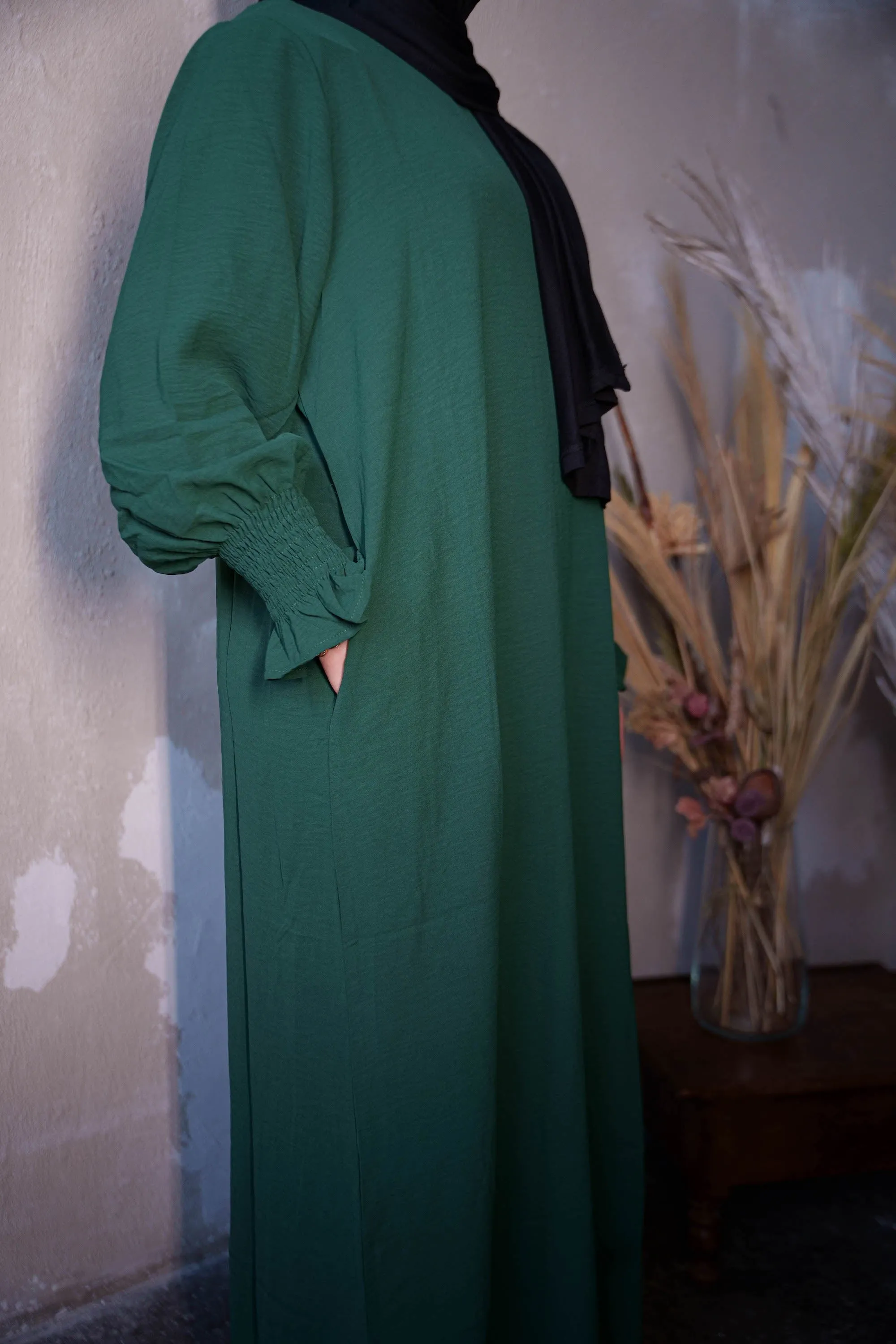 Dark Green Ruched Cuff Bell Sleeves Abaya Maxi Dress