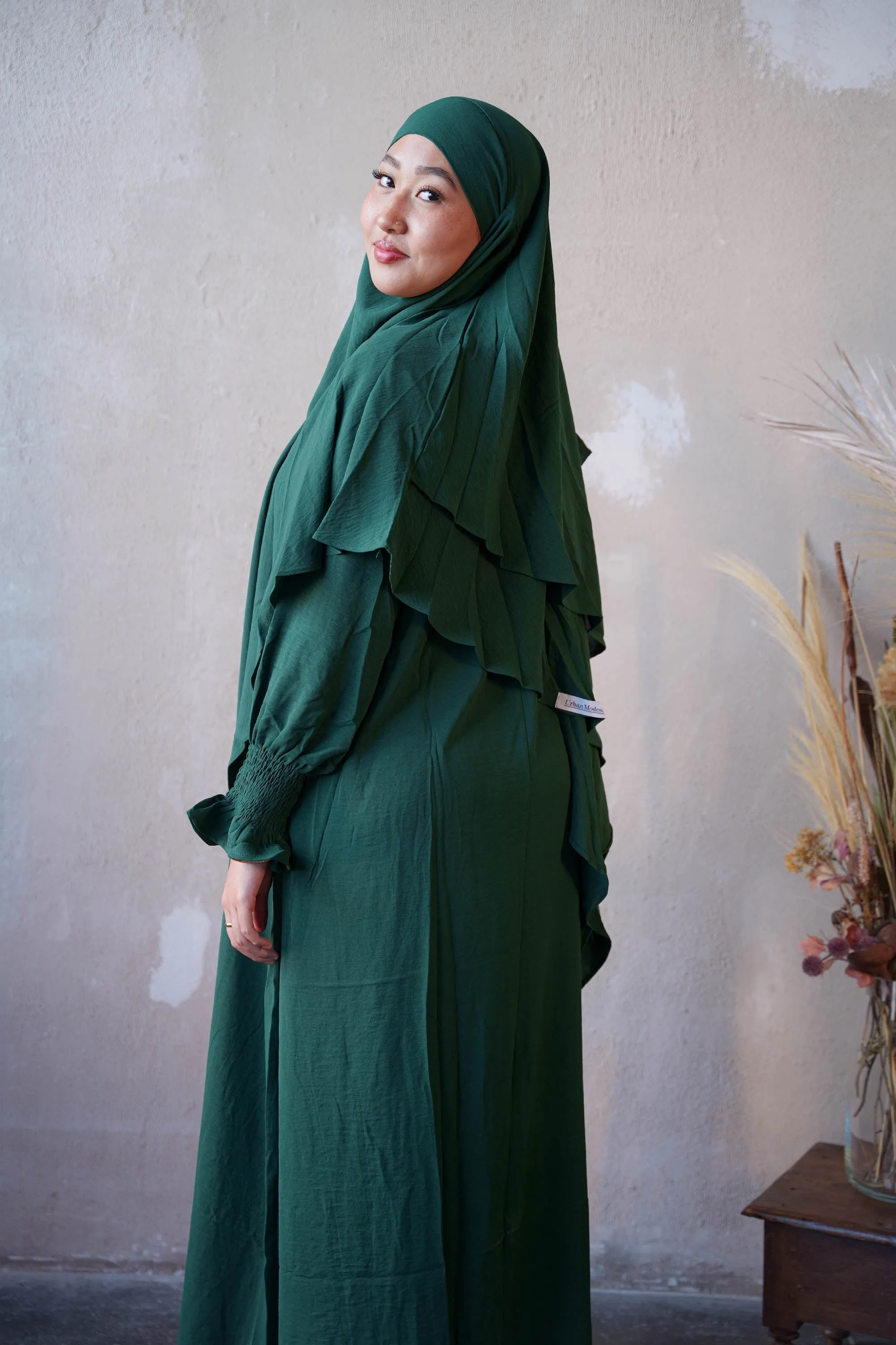 Dark Green Ruched Cuff Bell Sleeves Abaya Maxi Dress