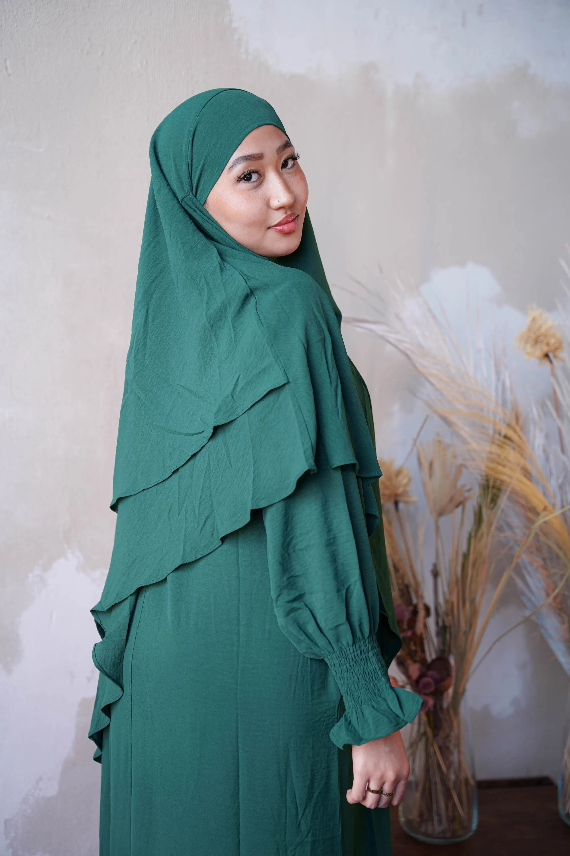 Dark Green Ruched Cuff Bell Sleeves Abaya Maxi Dress