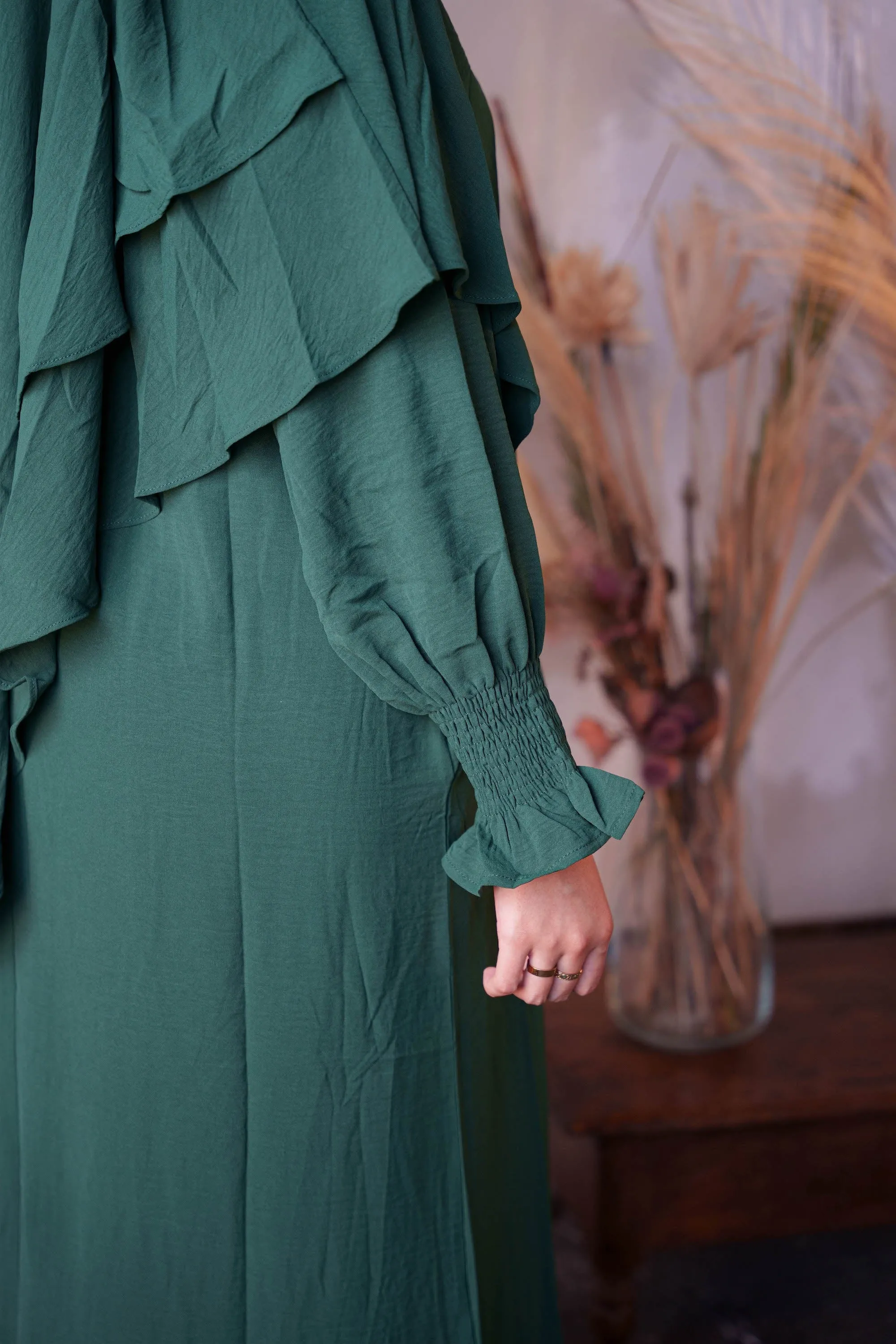 Dark Green Ruched Cuff Bell Sleeves Abaya Maxi Dress