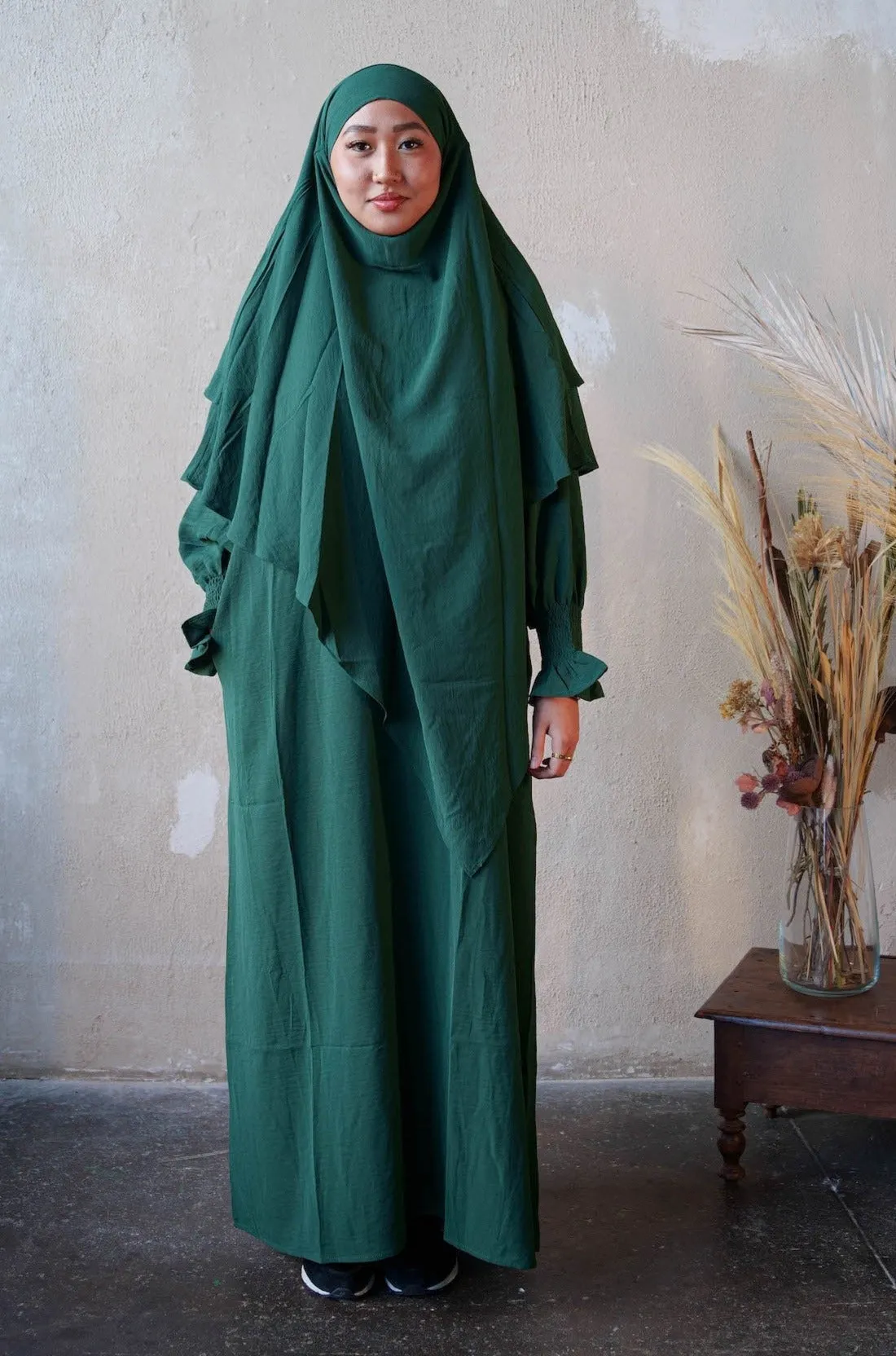 Dark Green Ruched Cuff Bell Sleeves Abaya Maxi Dress