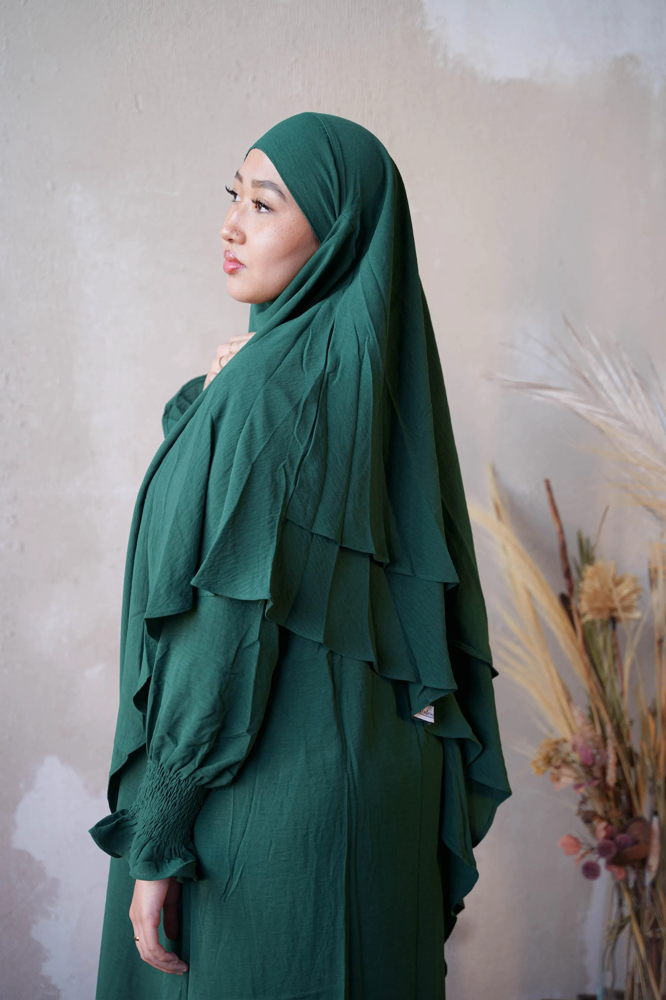 Dark Green Ruched Cuff Bell Sleeves Abaya Maxi Dress