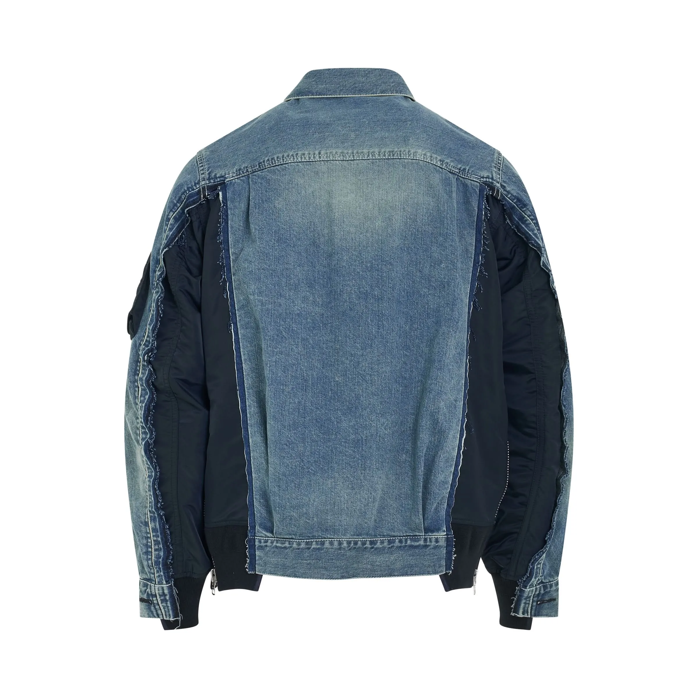 Denim x Nylon Twill Bomber Jacket in Light Blue