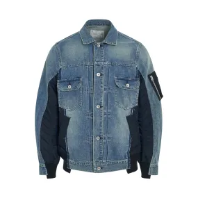 Denim x Nylon Twill Bomber Jacket in Light Blue