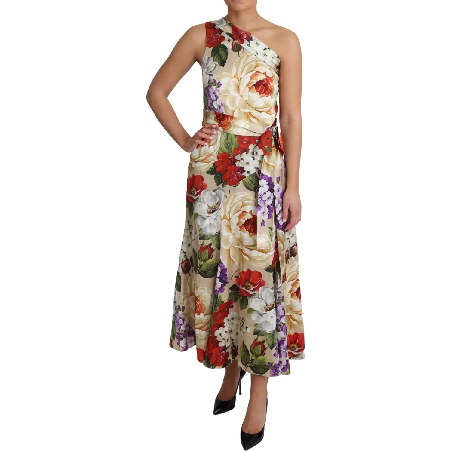 Dolce & Gabbana Elegant One-Shoulder Floral Silk Maxi Dress