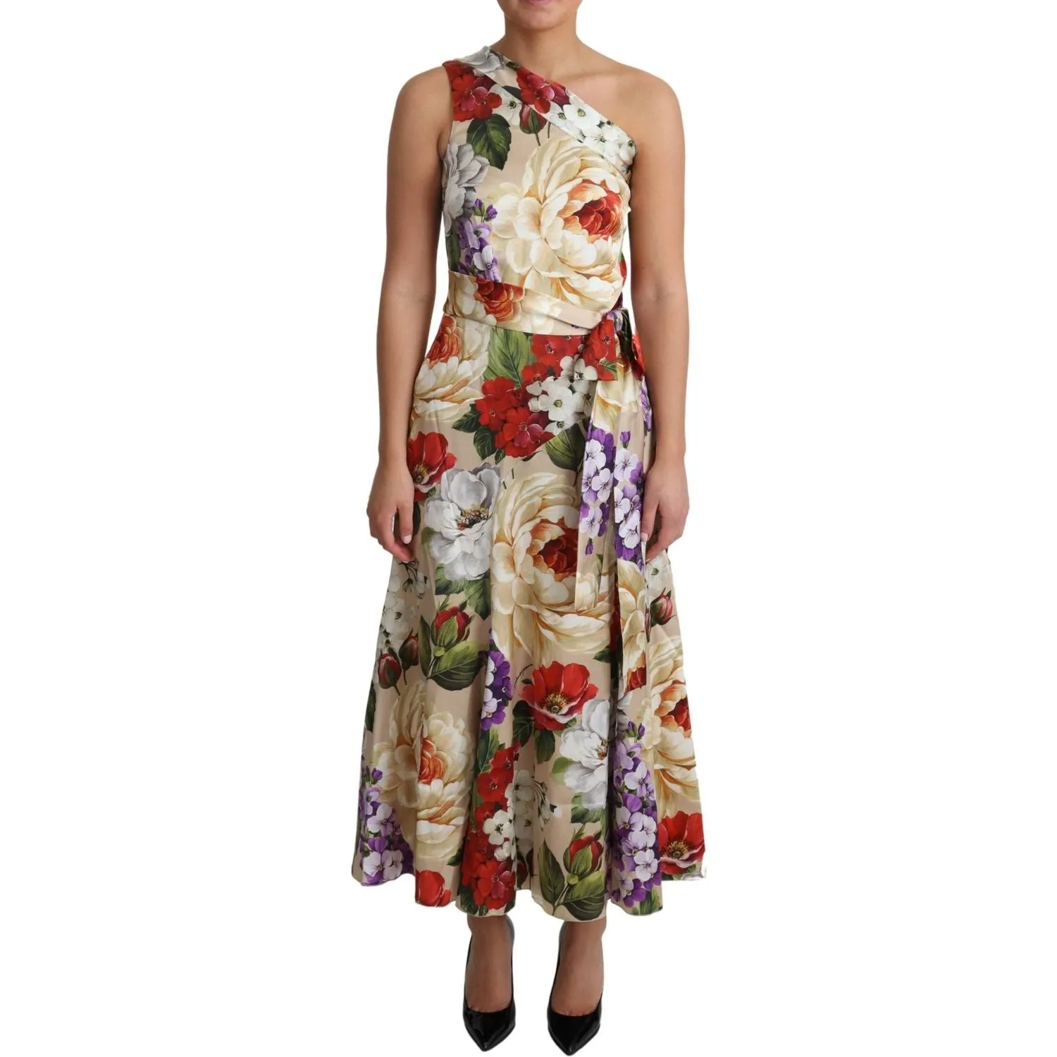 Dolce & Gabbana Elegant One-Shoulder Floral Silk Maxi Dress