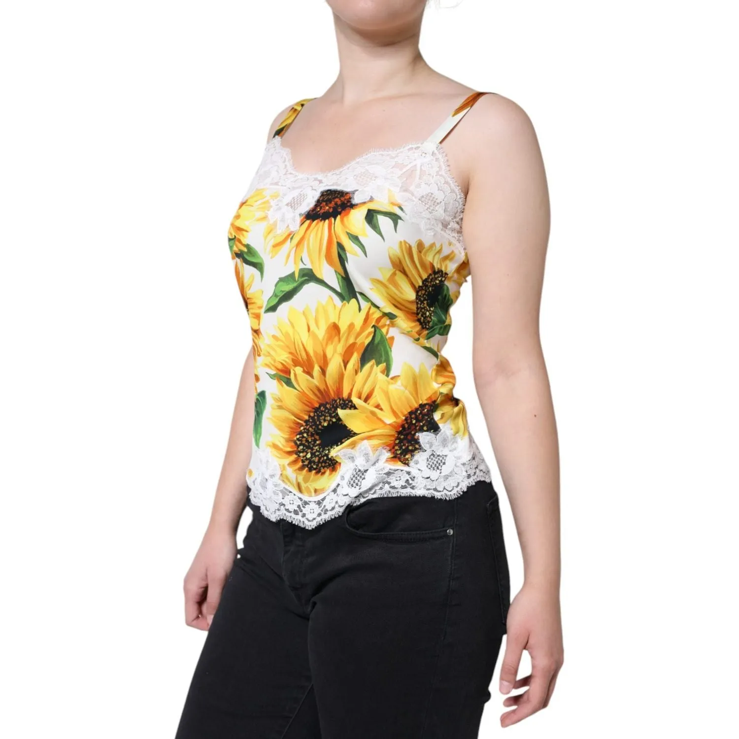 Dolce & Gabbana White Silk Sunflower Lace Sleeveless Tank Top