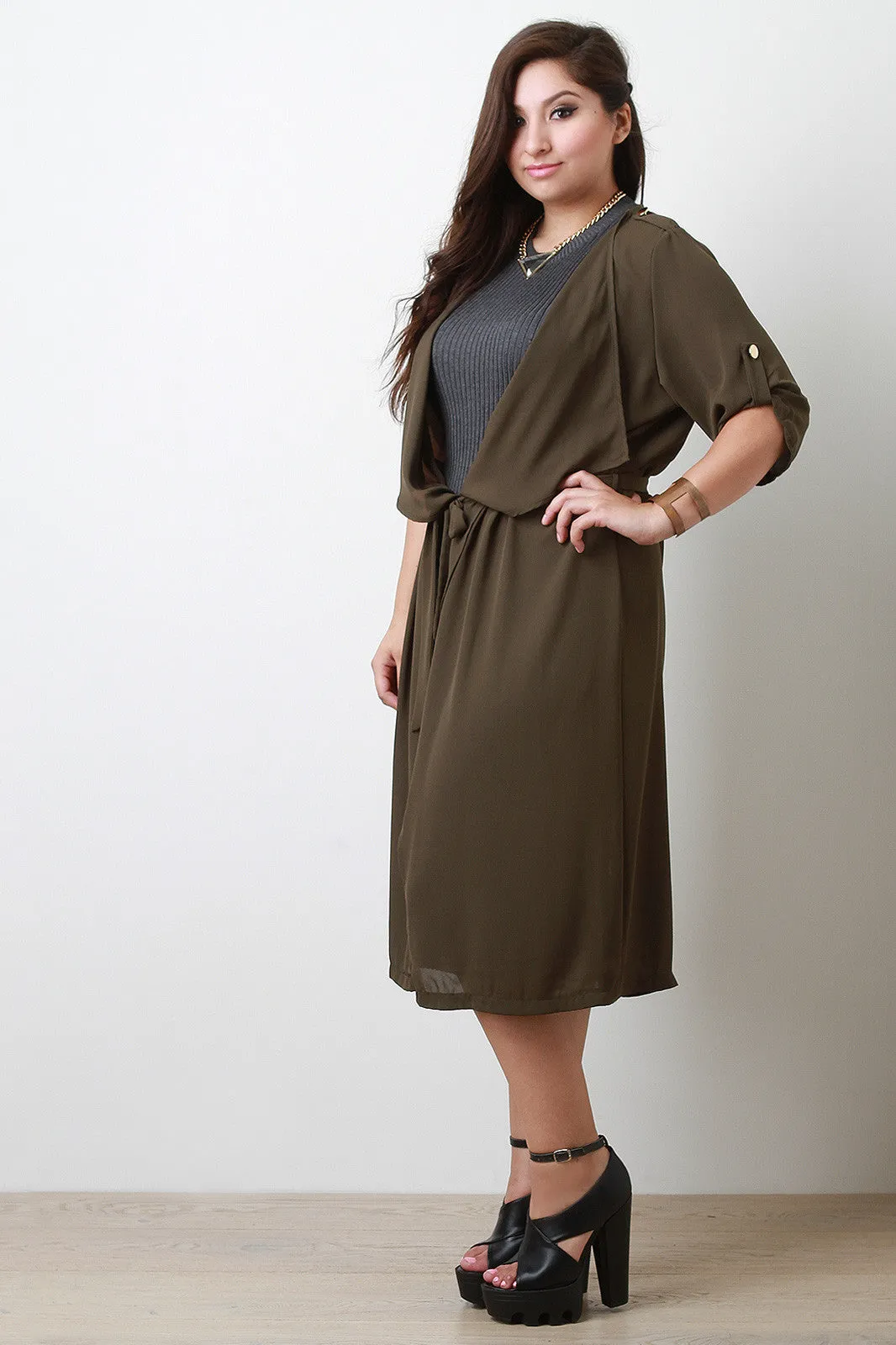 Draped Chiffon Longline Trench Coat