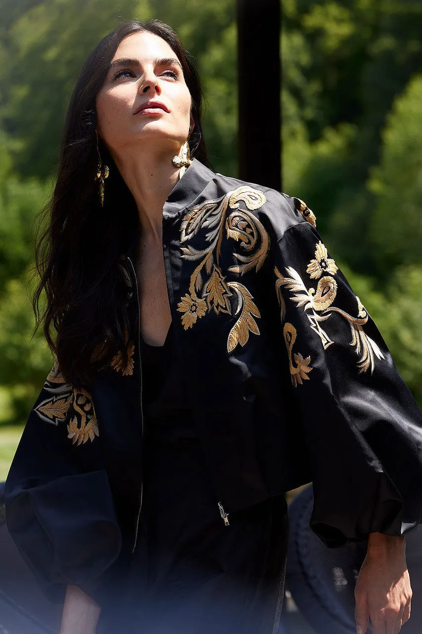 Duchess Satin Embroidered Crop Bomber Jacket