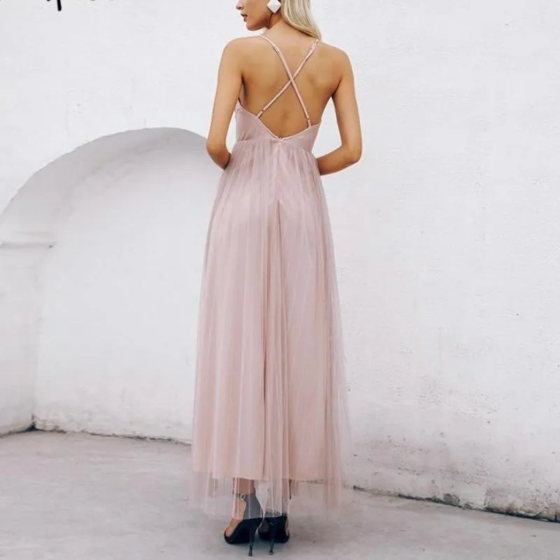 Elegant Mesh Pink Lace V Neck Maxi Dress