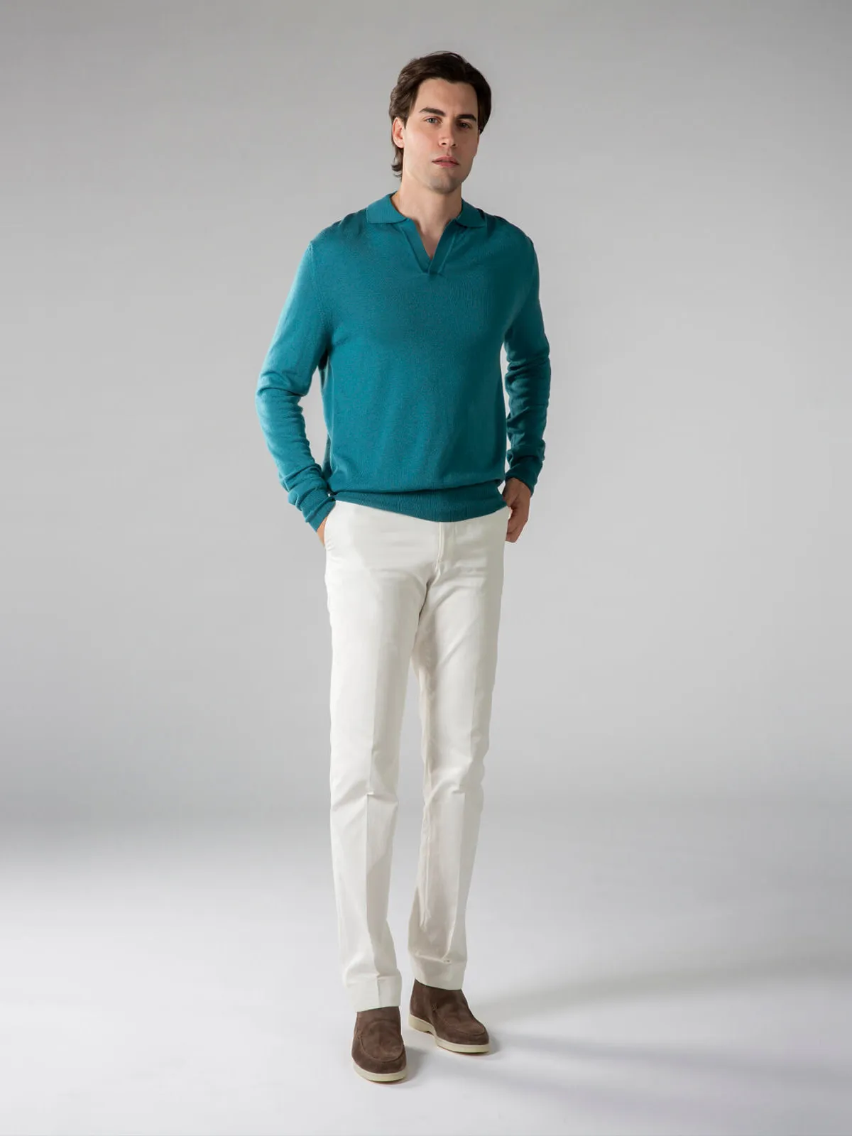 Extrafine Merino Buttonless Polo Carribean Blue