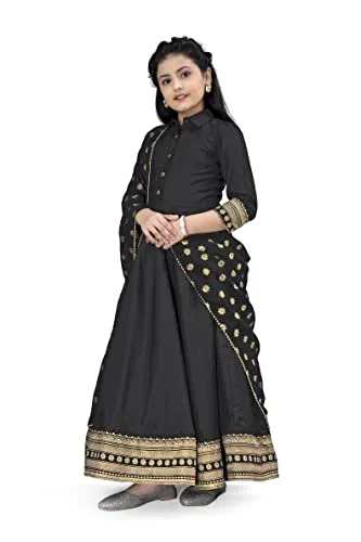 Fashion Dream Girls Maxi Length Foil Printed Dress with Dupatta(Black_9-10 Year)