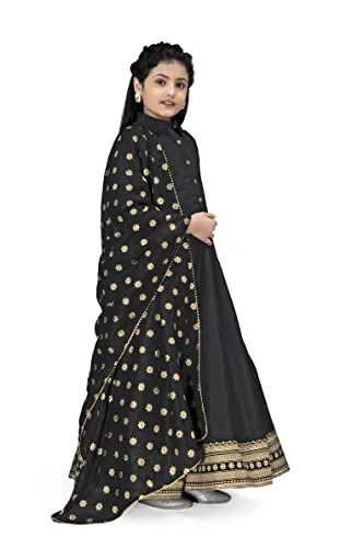 Fashion Dream Girls Maxi Length Foil Printed Dress with Dupatta(Black_9-10 Year)