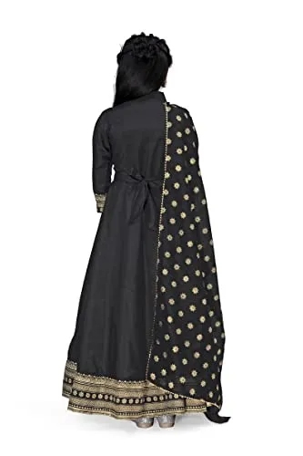 Fashion Dream Girls Maxi Length Foil Printed Dress with Dupatta(Black_9-10 Year)