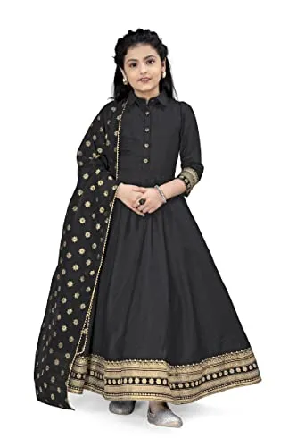 Fashion Dream Girls Maxi Length Foil Printed Dress with Dupatta(Black_9-10 Year)