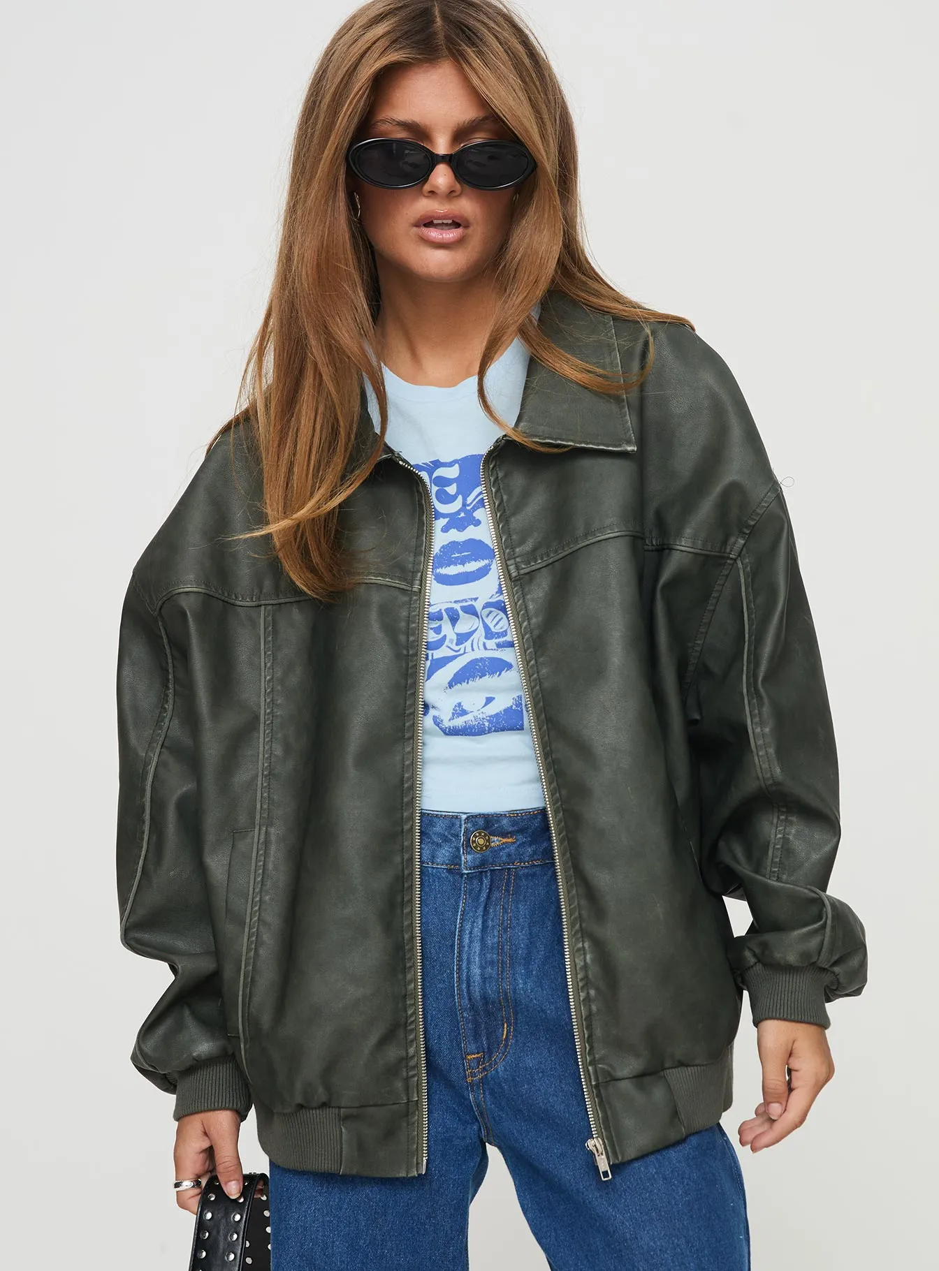 Fashionkova Goldsmith Faux Leather Bomber Jacket Washed Forest