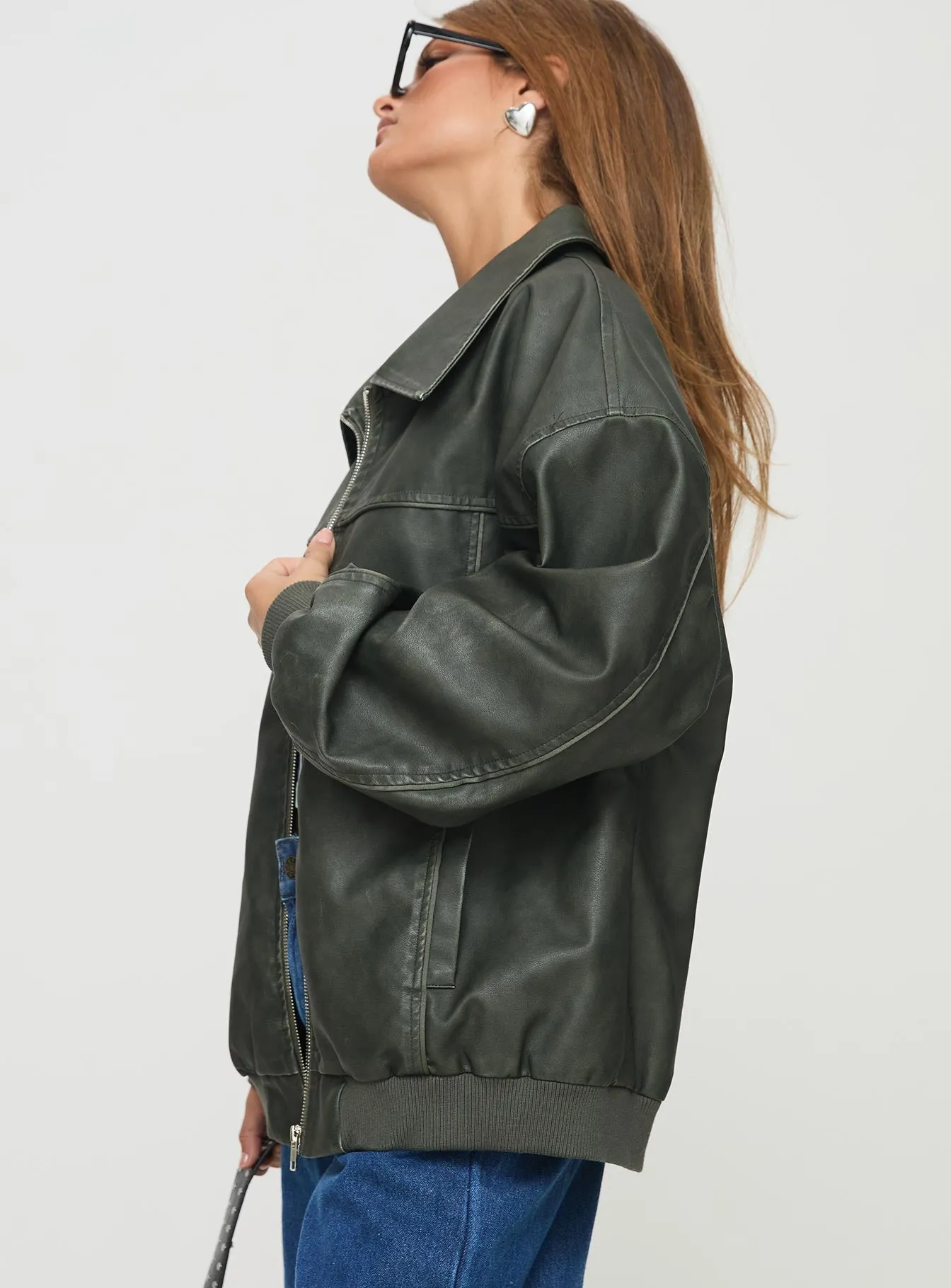 Fashionkova Goldsmith Faux Leather Bomber Jacket Washed Forest