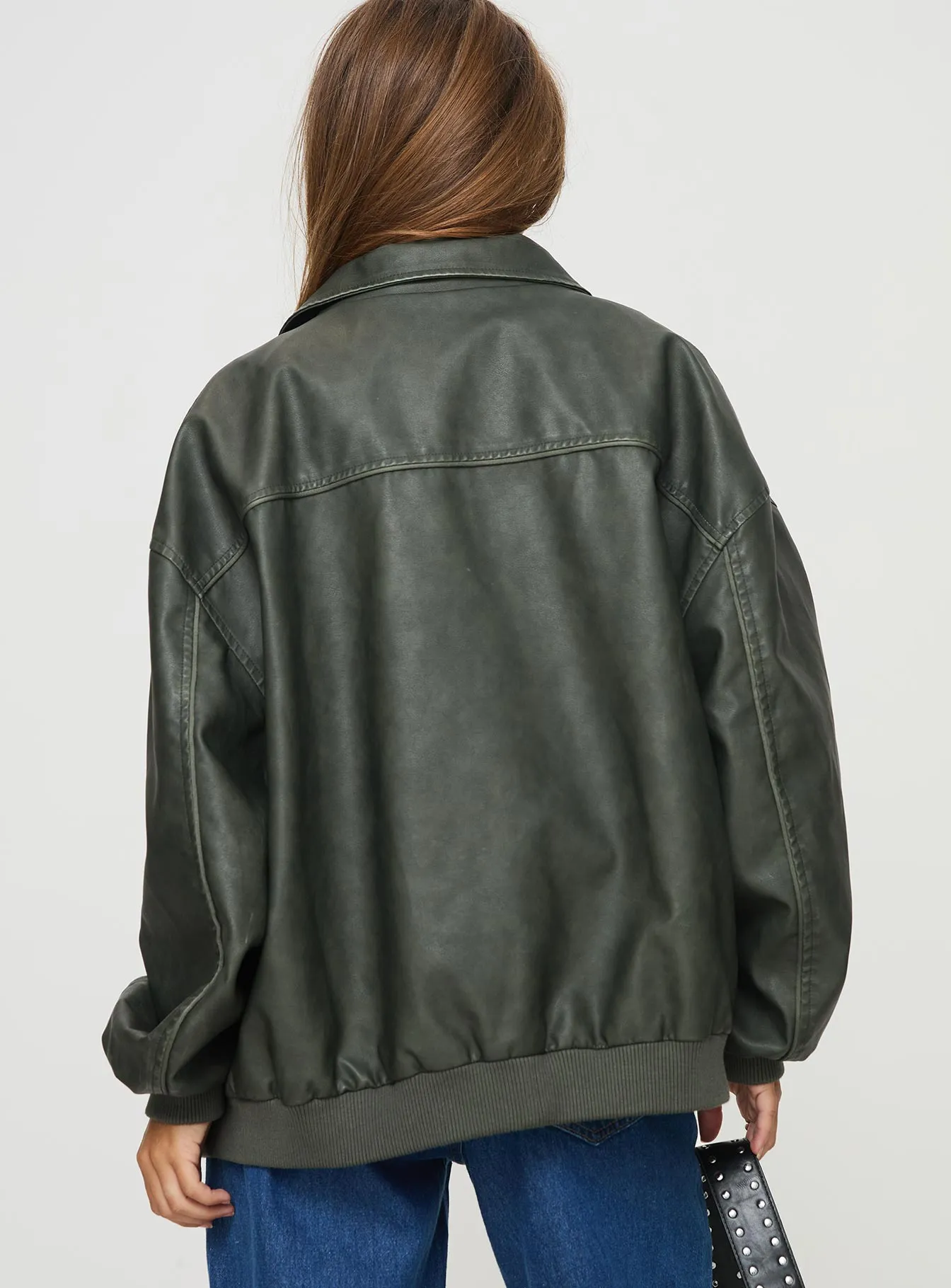 Fashionkova Goldsmith Faux Leather Bomber Jacket Washed Forest