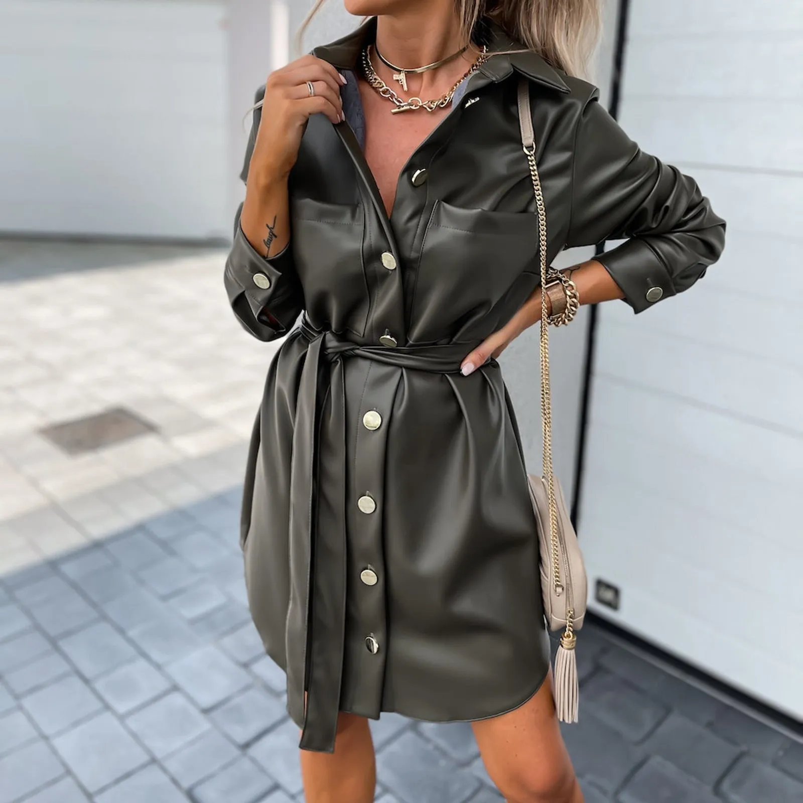 Fashionkova  PU Leather Jacket 2022 New Autumn Women Clothing Loose Belt Faux Leather Windbreaker With Trench Coat Slim  Black