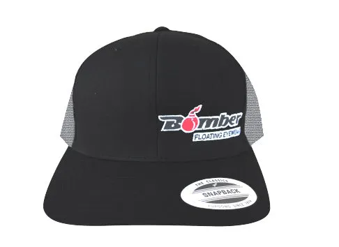 FLAT BILL BLACK & WHITE SNAPBACK TRUCKER HAT WITH BOMBER LOGO