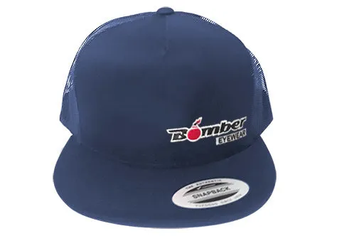 FLAT BILL NAVY SNAPBACK TRUCKER HAT WITH BOMBER LOGO