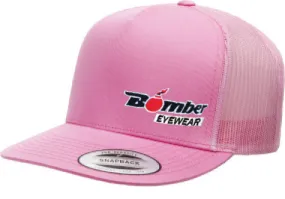 FLAT BILL PINK SNAPBACK TRUCKER HAT WITH BOMBER LOGO