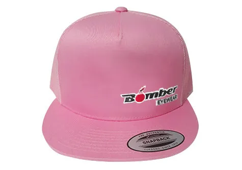 FLAT BILL PINK SNAPBACK TRUCKER HAT WITH BOMBER LOGO