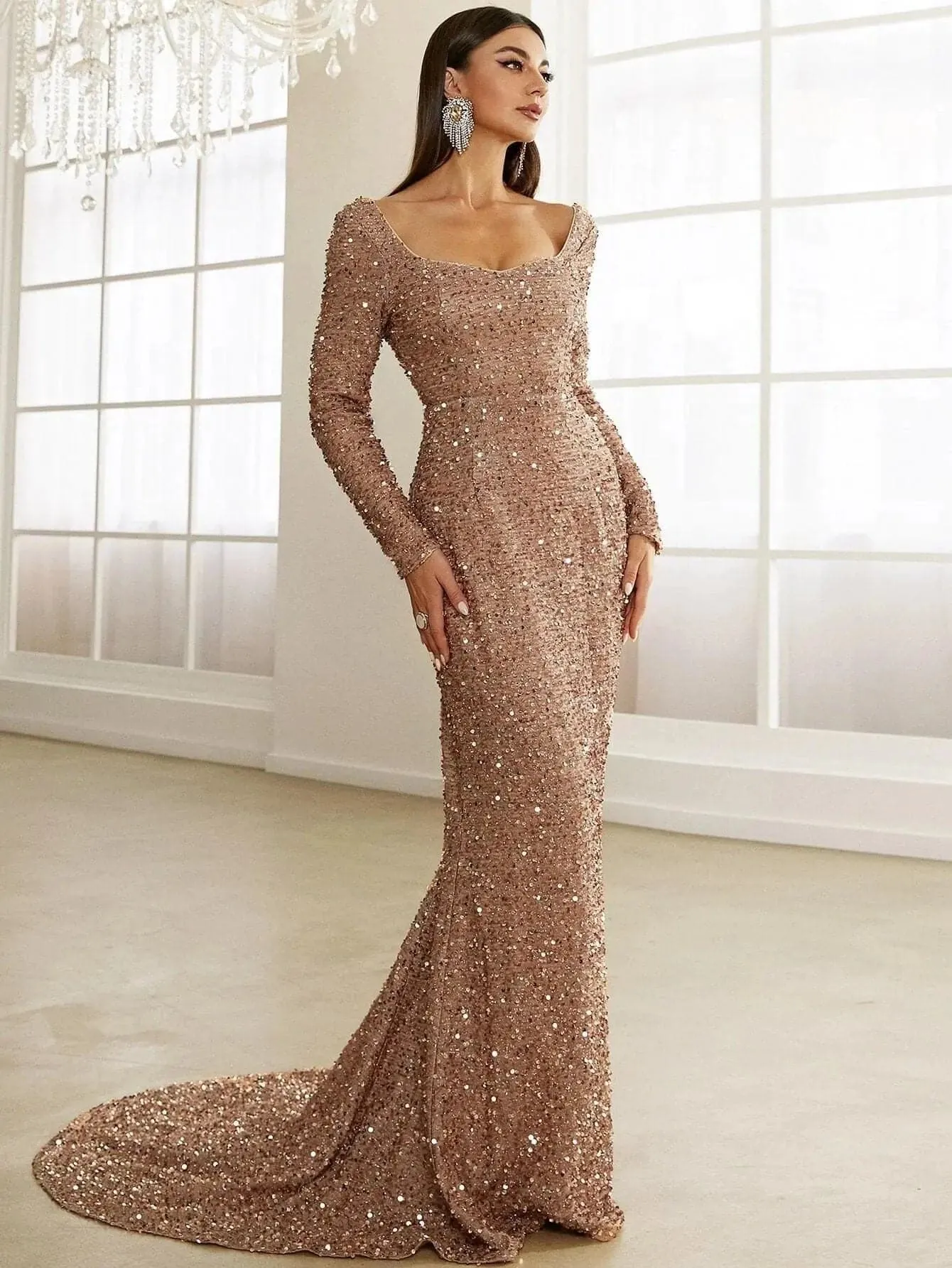 Floor Length Sequin Dress XJ429