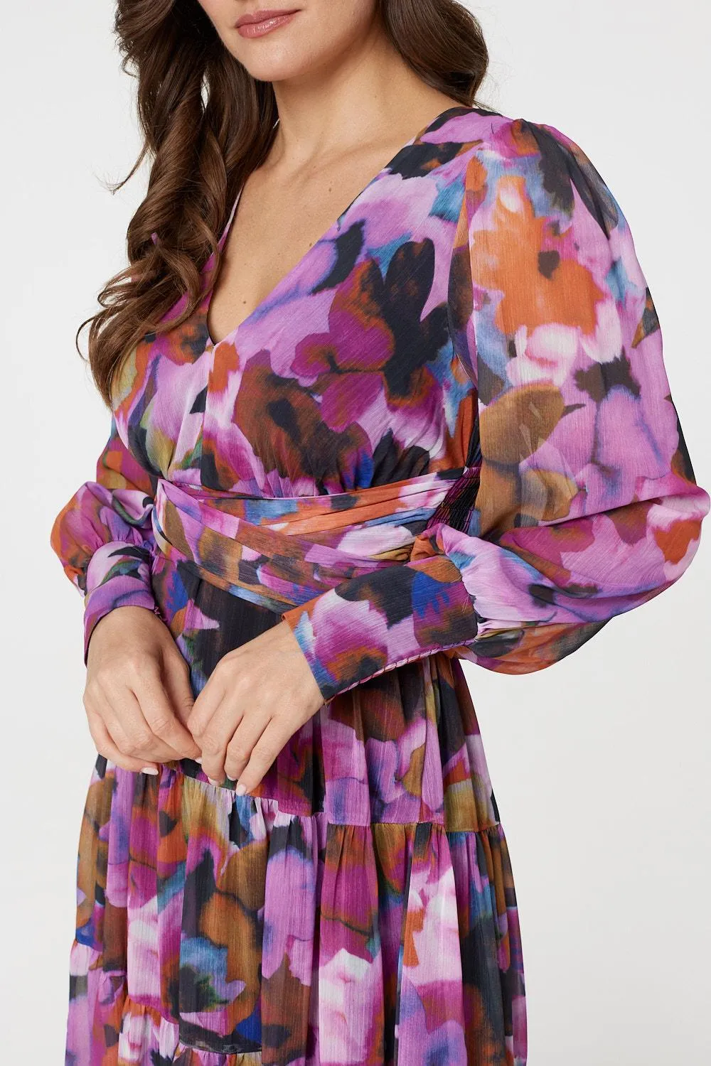 Floral Long Sleeve Ruched Maxi Dress