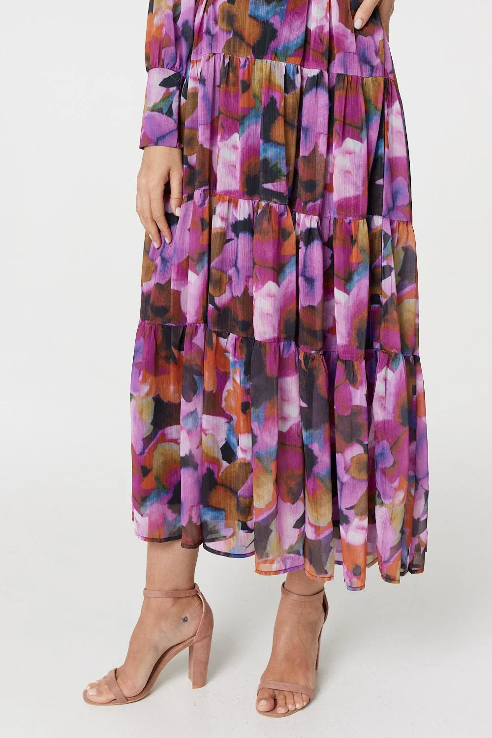 Floral Long Sleeve Ruched Maxi Dress