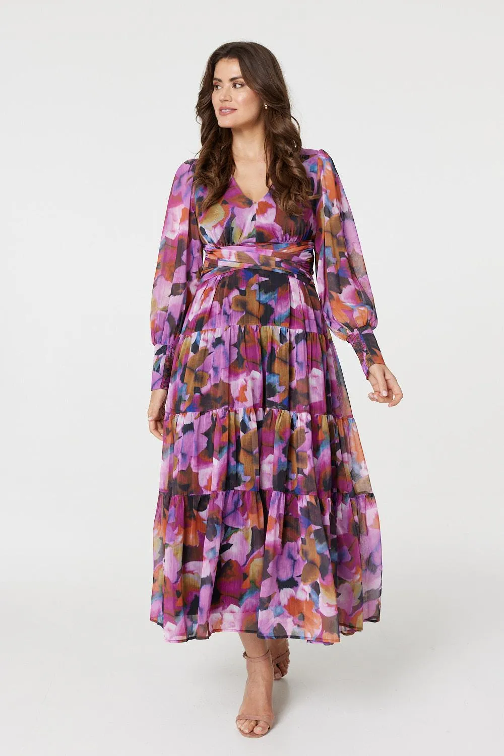 Floral Long Sleeve Ruched Maxi Dress