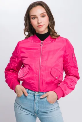 Fuchsia Zip Up Bomber Jacket With Sleeve Zipper Detail