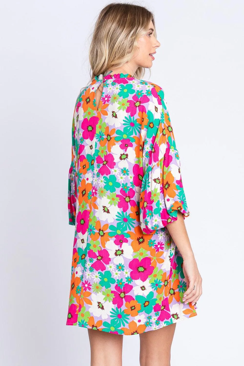 GeeGee Full Size Floral Round Neck Lantern Sleeve Mini Dress