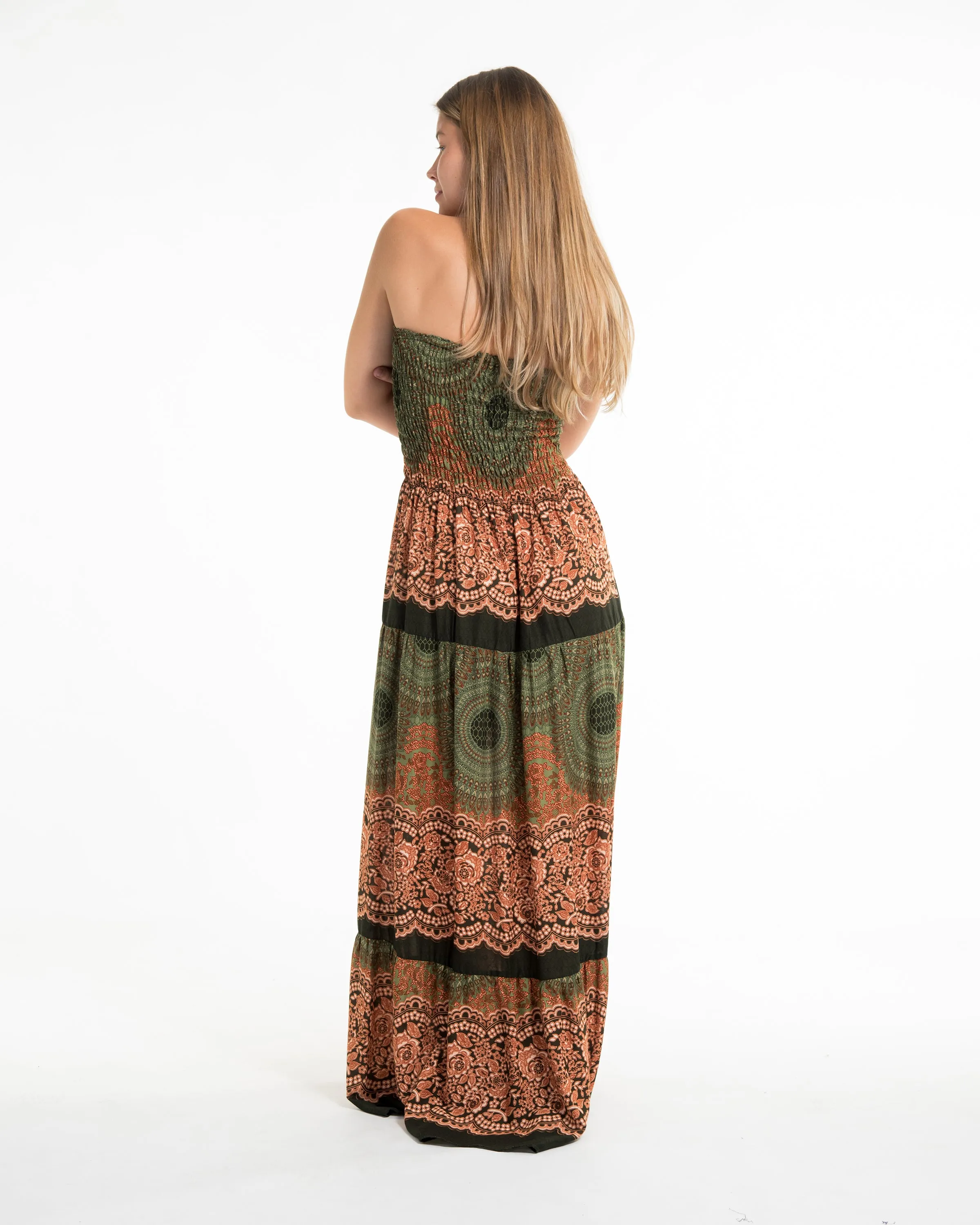 Geometric Mandalas Smocked Maxi Dress in Olive