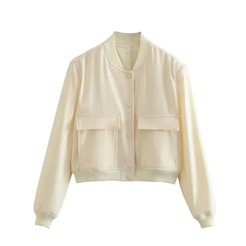 Girlary Woman Bomber Jacket White Autumn Winter Button Cropped Jackets for Women Fashion Long Sleeve Crop Outerwear