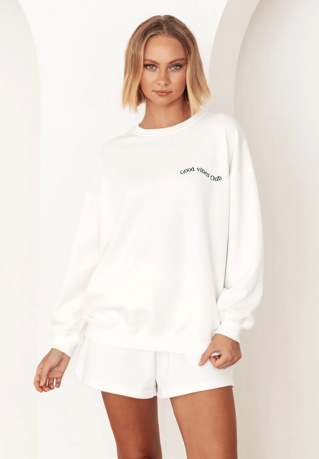 Good Vibes Club White Sweater/Short Set