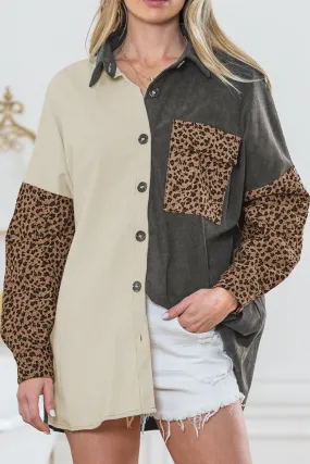 Gray Color Block Leopard Patchwork Casual Corduroy Shacket