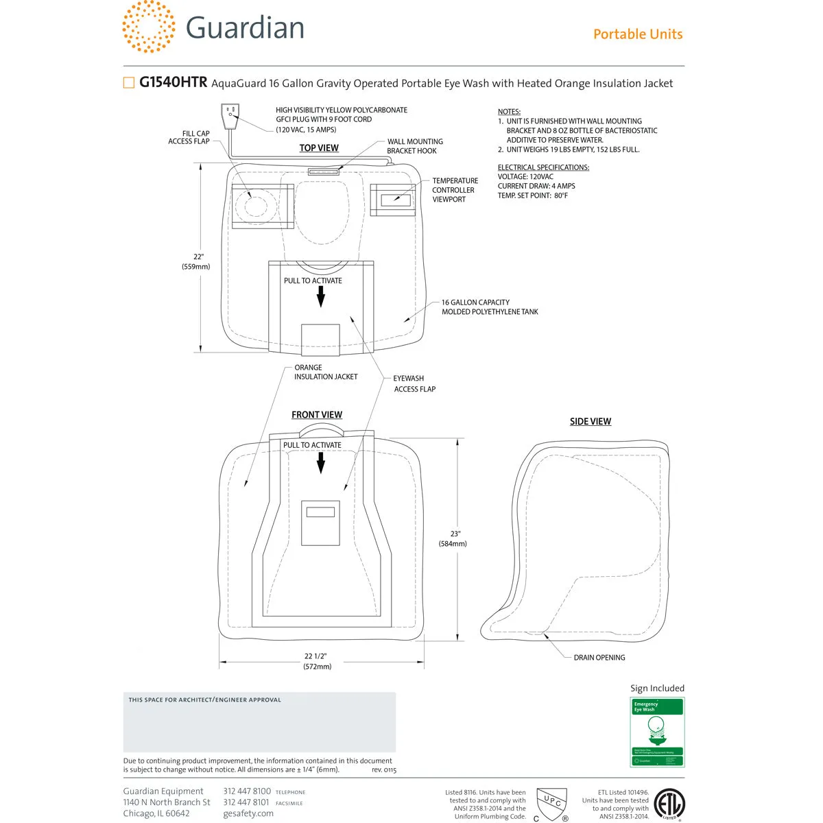 Guardian G1540HTR Aquaguard 16 Gallon Gravity Operated Portable Eye Wash w/ Heated Orange Insulation Jacket