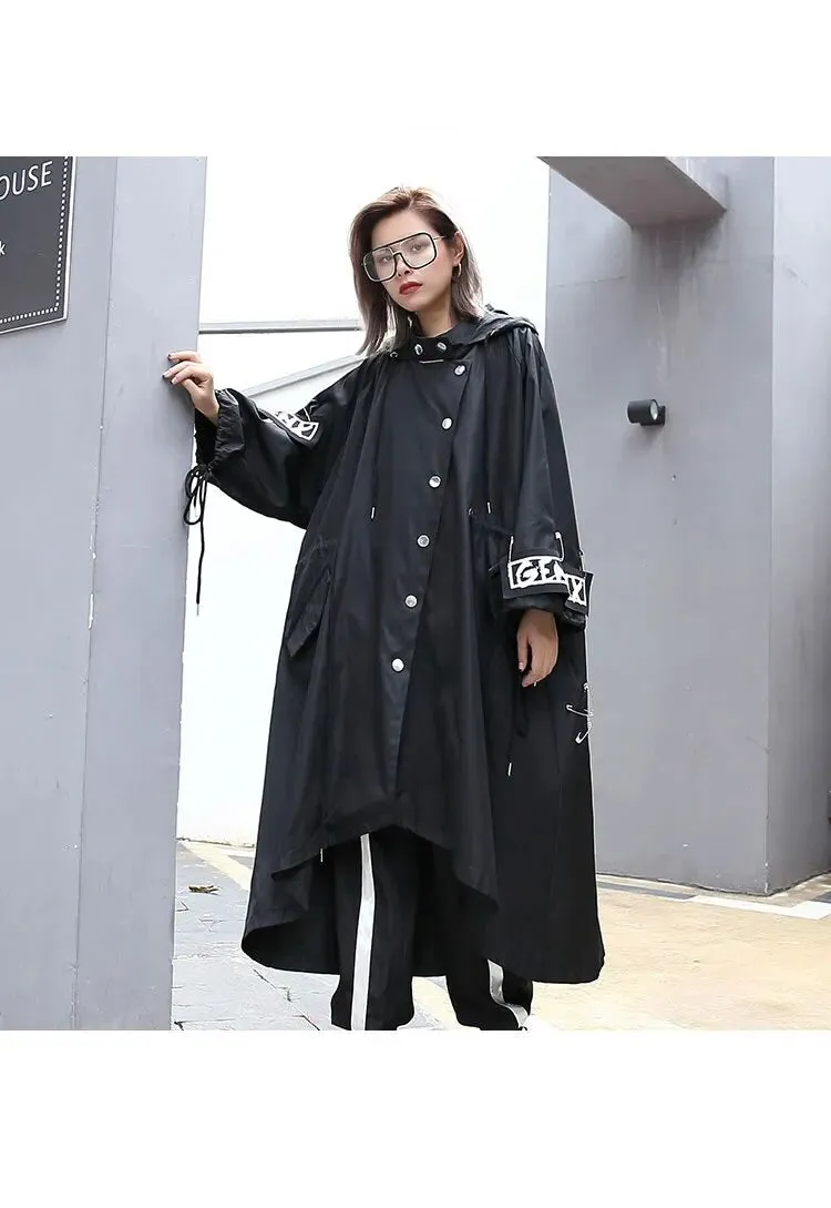 HEYFANCYSTYLE Trendy Black Hooded Trench Jacket