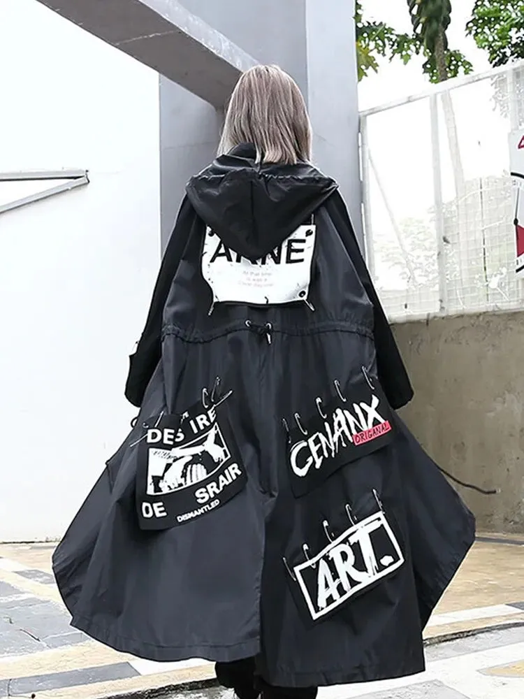 HEYFANCYSTYLE Trendy Black Hooded Trench Jacket